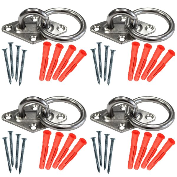 Set: 4x Augplatte mit Ring, rostfrei, jeweils inkl. 4 Schrauben und Dübel